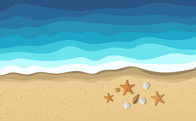 Fototapeta na wymiar Sea water waves on beach with seashells and starfish