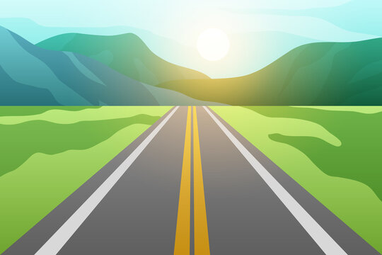 Asphalt road with fields and mountains with sunset. vector illustration