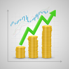 Stack of coins rising and arrow graph - concept of money growth and investment