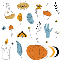 Set with magic tools.Colorful pattern with witchcraft elements. Vector illustration on white background.Eps 10