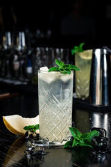 Refreshing homemade mint cocktail over wooden table. Detox fruit infused flavored water. Clean eating