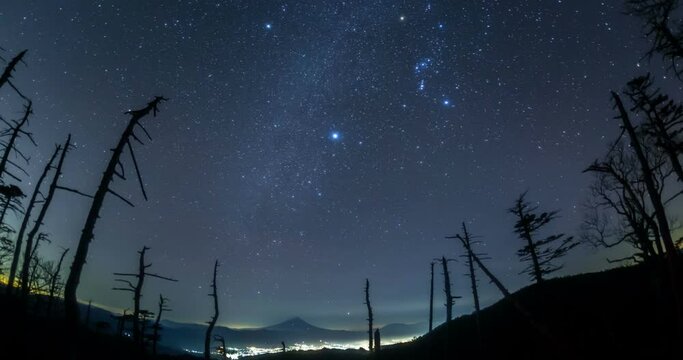 国師ヶ岳山頂から富士山に昇る冬の星空Timelapse