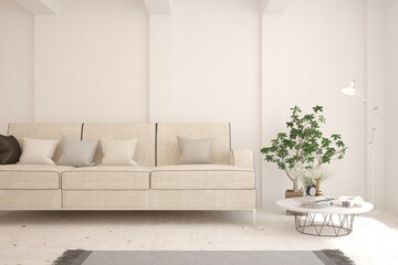 White living room with sofa. Scandinavian interior design. 3D illustration