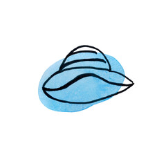 Women's hat on a blue watercolor spot. The illustration is drawn with a contour line on a watercolor blue spot. 