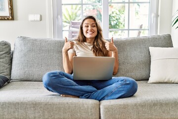 Beautiful young brunette woman sitting on the sofa using computer laptop at home success sign doing...