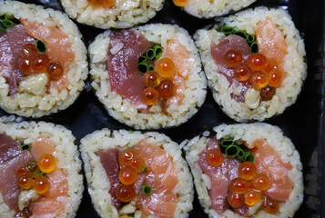 Top view of fresh Japanese rolls. Delicious Japanese food. 