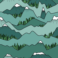 Seamless vector pattern with trees and mountains - 455090650
