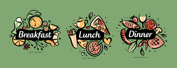 Drawn sets of products for breakfast, lunch and dinner