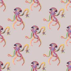 Seamless patterns with octopus on a gray background. Sea creatures. Sea life. The illustration is hand-drawn in watercolor.