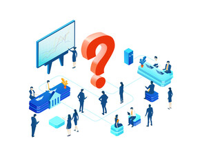 Isometric environment design with lots of business people working in office next to question mark, solving problems, finding solutions. Business concept illustration 