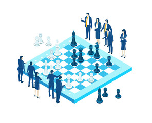 Chess board and business people playing the game. Isometric environment design with lots of business people solving problems, finding solutions and helping each other. Global business
