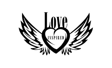 Drawn vector illustration of a heart and wings on a white background