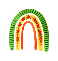 Watercolor painting cute childish rainbow with flowers. Green, yellow, red doodle weather. Baby poster, baby shower or baby birth announcement card template with place for text. Isolated on white