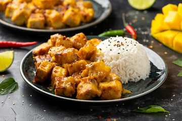 Mango Sticky tofu with jasmine rice and Thai basil