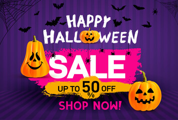 Halloween Sale concept banners. 2021 Flyer with Halloween pumpkins ghost. Scary Halloween bats and sale. Design invitation template, brochures, poster, banner. Vector illustration. Isolated background