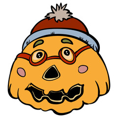 Pumpkin with Glasses and a Hat Red with a Pompom Vector Cartoon Illustration