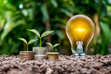 Trees grow from coins and energy-saving light bulbs labeled ENERGY, energy-saving, and environmental resource conservation concepts.