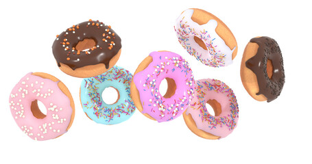 flying doughnuts - mix of multicolored sweet donuts with sprinkles on white background isolated. 3d