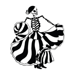Dancing female skeleton character in traditional mexican dress, day of the dead. Holiday Vector illustration hand-drawn cartoon style.   