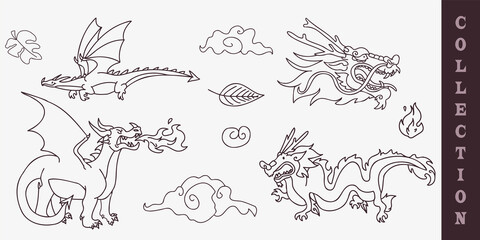 Mythical dragon digital motif collection. Vector illustration of fairy tale beast in set for cartoon fantasy creature clipart.  © Leah