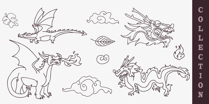 Mythical dragon digital motif collection. Vector illustration of fairy tale beast in set for cartoon fantasy creature clipart. 