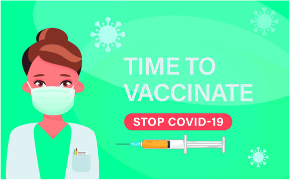 Banner with a doctor in a medical mask and a syringe with a vaccine. Banner about coronavirus vaccination.

