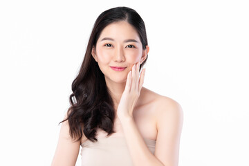 Fototapeta premium Beautiful young asian woman with clean fresh skin on white background, Face care, Facial treatment, Cosmetology, beauty and spa, Asian women portrait.