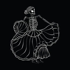 Skeleton of a woman Mexican dance, hand-drawn white outline drawing on a black background, coloring. Illustration for the day of the dead. Halloween holiday, Dia de los Muertos 
