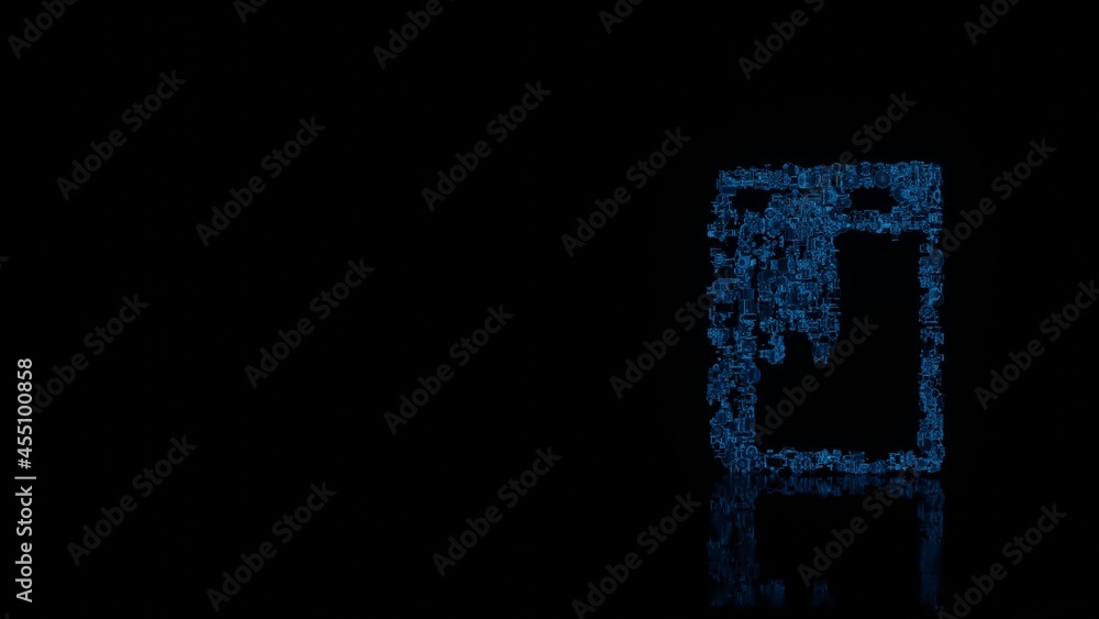 Poster 3d rendering mechanical parts in shape of symbol of agenda isolated on black background with floor r