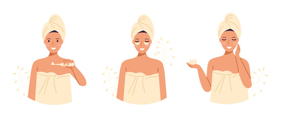 A set of a woman in a towel and a turban after taking a bath takes care of herself, brushes her teeth, applies cream and patches. Stock vector illustration.  - obrazy, fototapety, plakaty