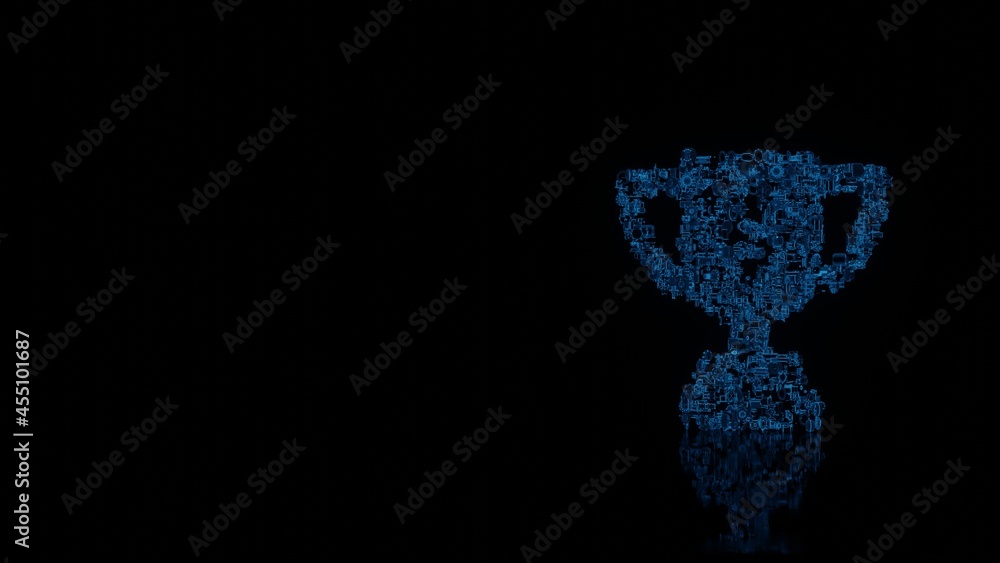 Poster 3d rendering mechanical parts in shape of symbol of cup award isolated on black background with floo