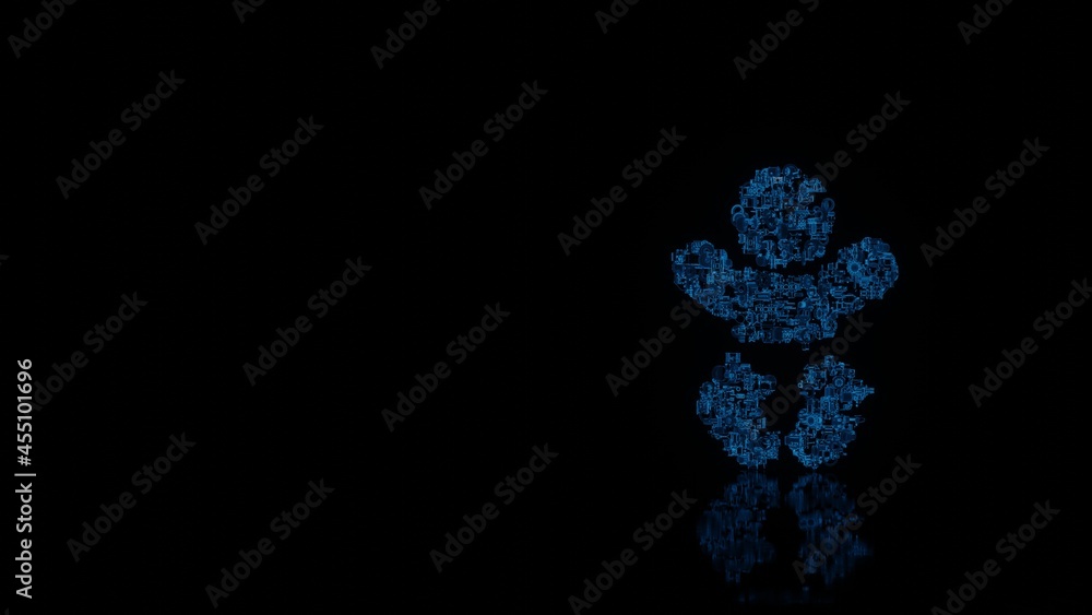 Poster 3d rendering mechanical parts in shape of symbol of baby isolated on black background with floor ref