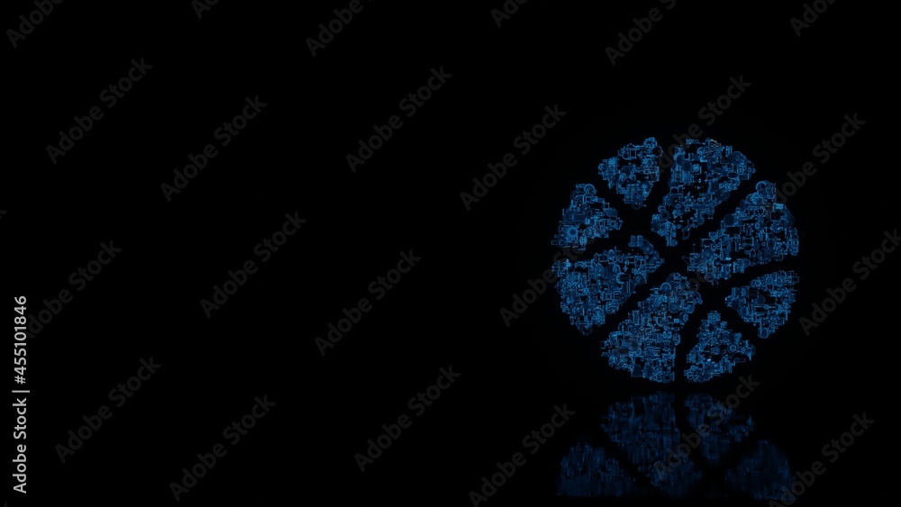 Poster 3d rendering mechanical parts in shape of symbol of basketball ball isolated on black background wit