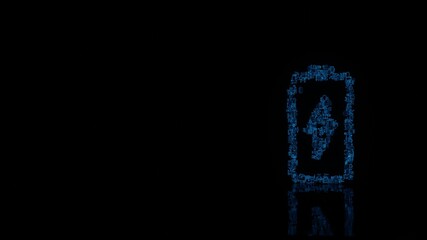3d rendering mechanical parts in shape of vertical symbol of charging empty battery isolated on black background with floor reflection