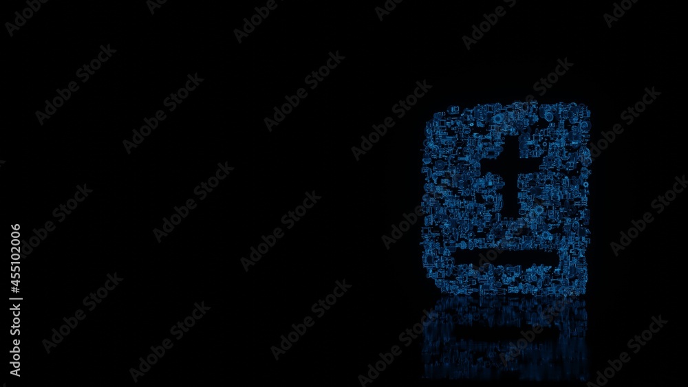 Poster 3d rendering mechanical parts in shape of symbol of bible isolated on black background with floor re