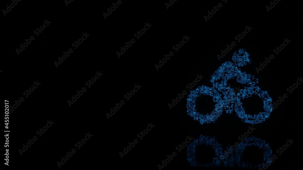 Poster 3d rendering mechanical parts in shape of symbol of bike with rider isolated on black background wit