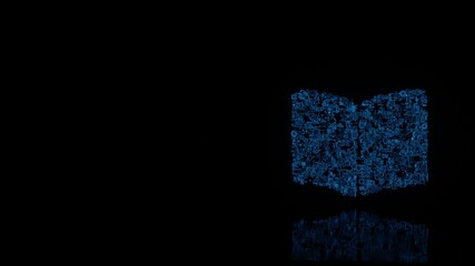 3d rendering mechanical parts in shape of symbol of book open isolated on black background with floor reflection