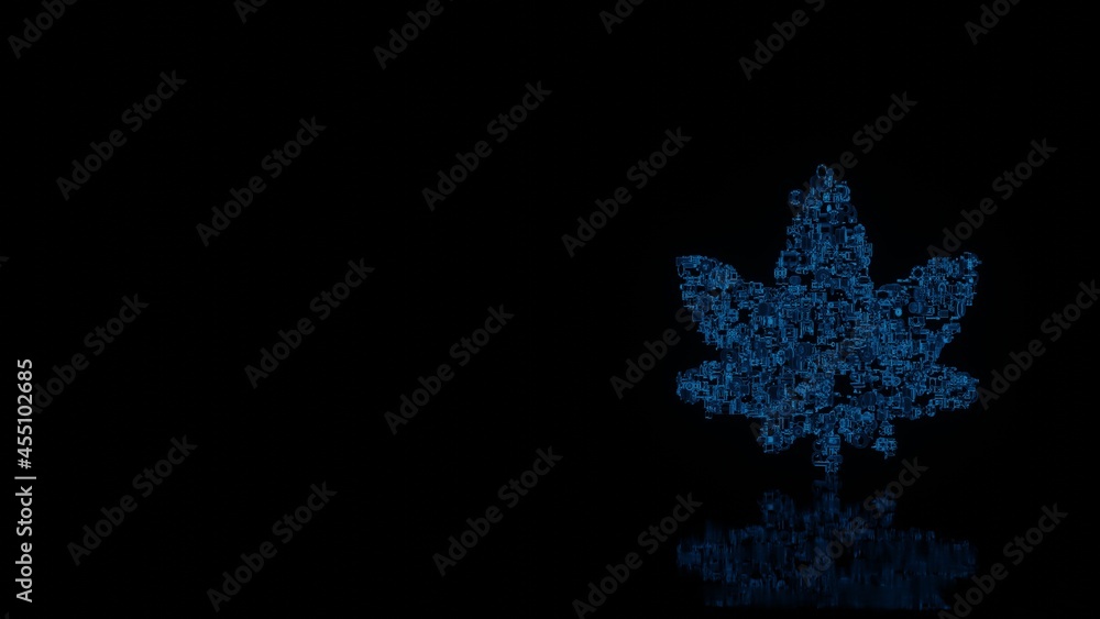 Poster 3d rendering mechanical parts in shape of symbol of cannabis leaf isolated on black background with 
