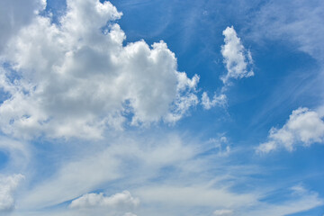 Beautiful cumulus clouds against the blue daytime sky.