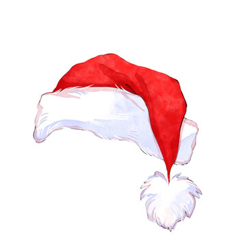 Watercolor red Santa hat isolated on white