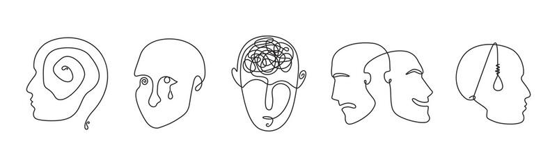 Continuous line drawing mental disorder vector icons, abstract concepts of various psychic health problems one line technique, human heads sketches showing personality disorders or mental illnesses