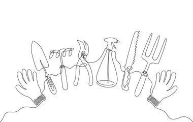 A continuous line drawing of garden instruments, a set of various gardening hand tools with gloves in minimal single line style, horticulture inventory isolated on white
