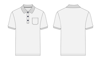 Polo shirt technical fashion flat sketch vector template front and back views. Pique cotton jersey dress design mock up illustration.