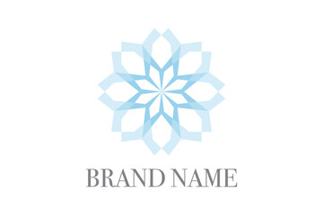 Simple, elegant, cool graphic design of a logo with transparent geometric shapes forming star, flower shape abstraction. Trendy graphic vector art in tourism, service concept in blue and grey colors