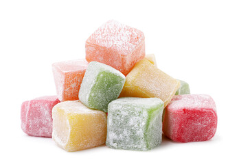 Heap of multi-colored Turkish delight on a white background. Isolated