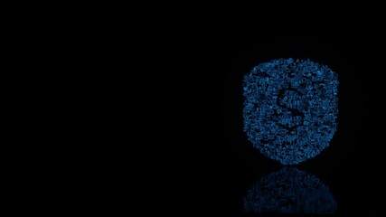 3d rendering mechanical parts in shape of symbol of dollar isolated on black background with floor reflection