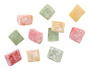 Multi-colored Turkish delight drops on a white background, Turkish delight levitating. Isolated