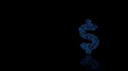 3d rendering mechanical parts in shape of symbol of dollar sign isolated on black background with floor reflection