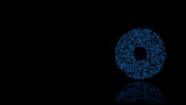 3d rendering mechanical parts in shape of symbol of dot circle isolated on black background with floor reflection