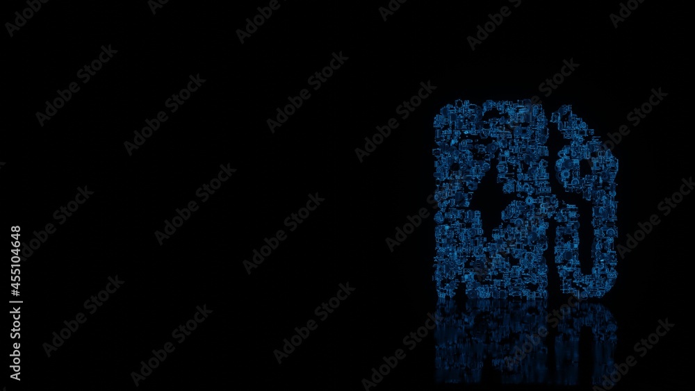 Poster 3d rendering mechanical parts in shape of symbol of electric station isolated on black background wi